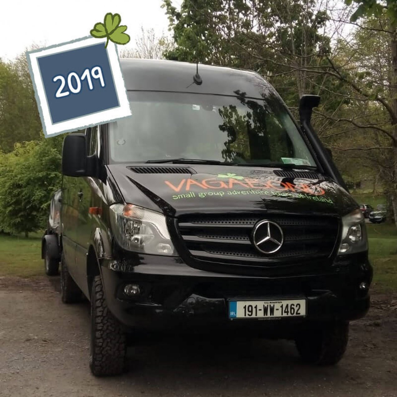 Front view of a 2019 Mercedes VagaTron 4x4 tour vehicle with 2019 date graphic in the upper left corner