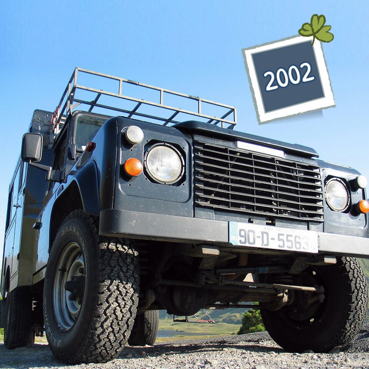 A from-the-ground perspective of the original 1990 Land Rover Defender VagaTron 4x4 tour vehicle for Vagabond Tours of Ireland