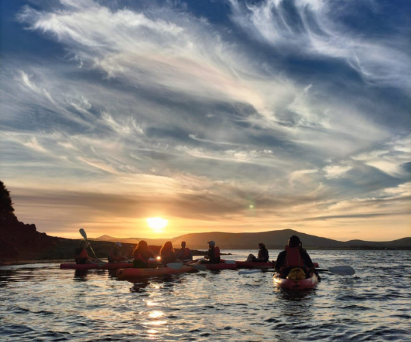 Vagabond group kayaking on Dingle bay in the sunset 