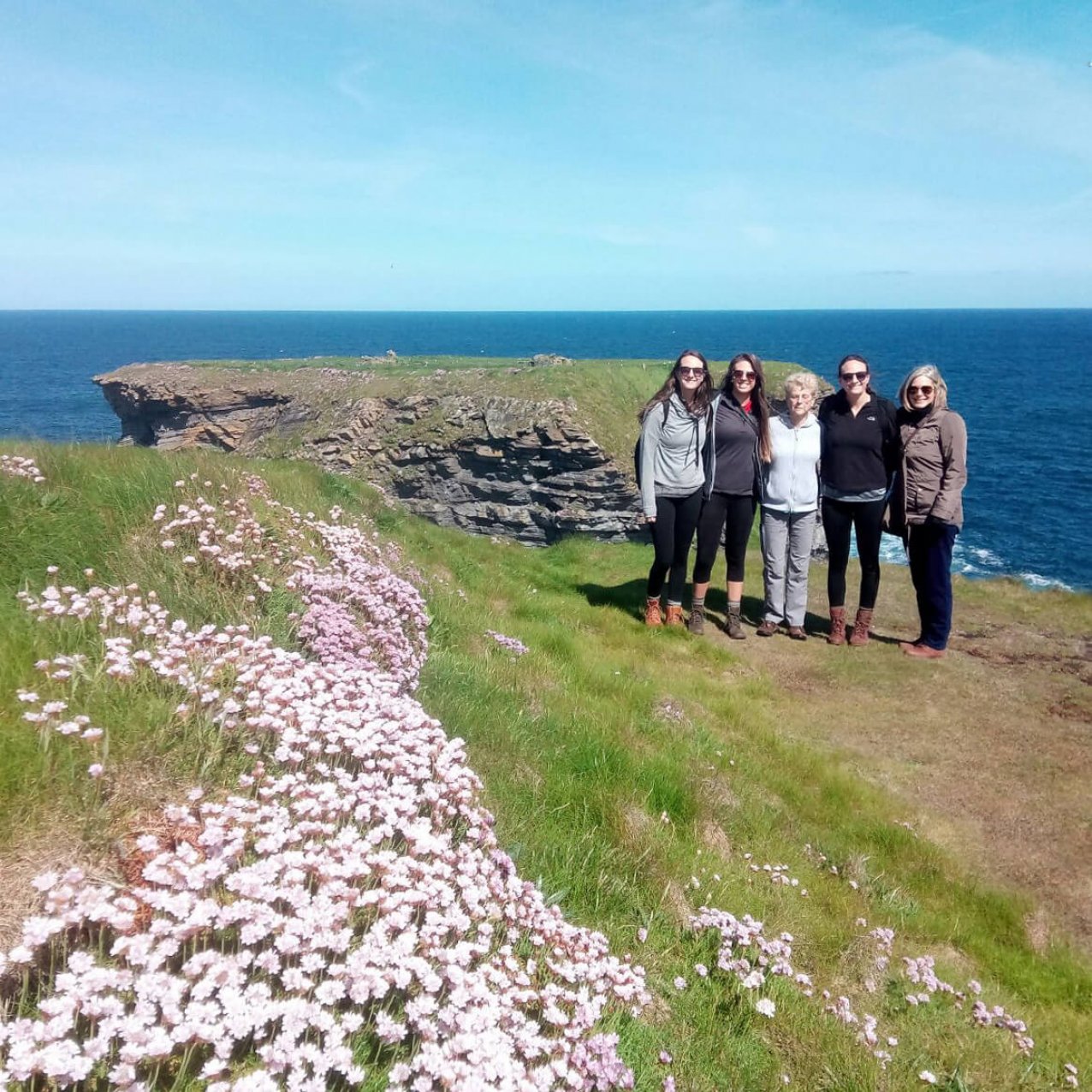 Family group posing on the coast in Clare with wildflowers in the foreground