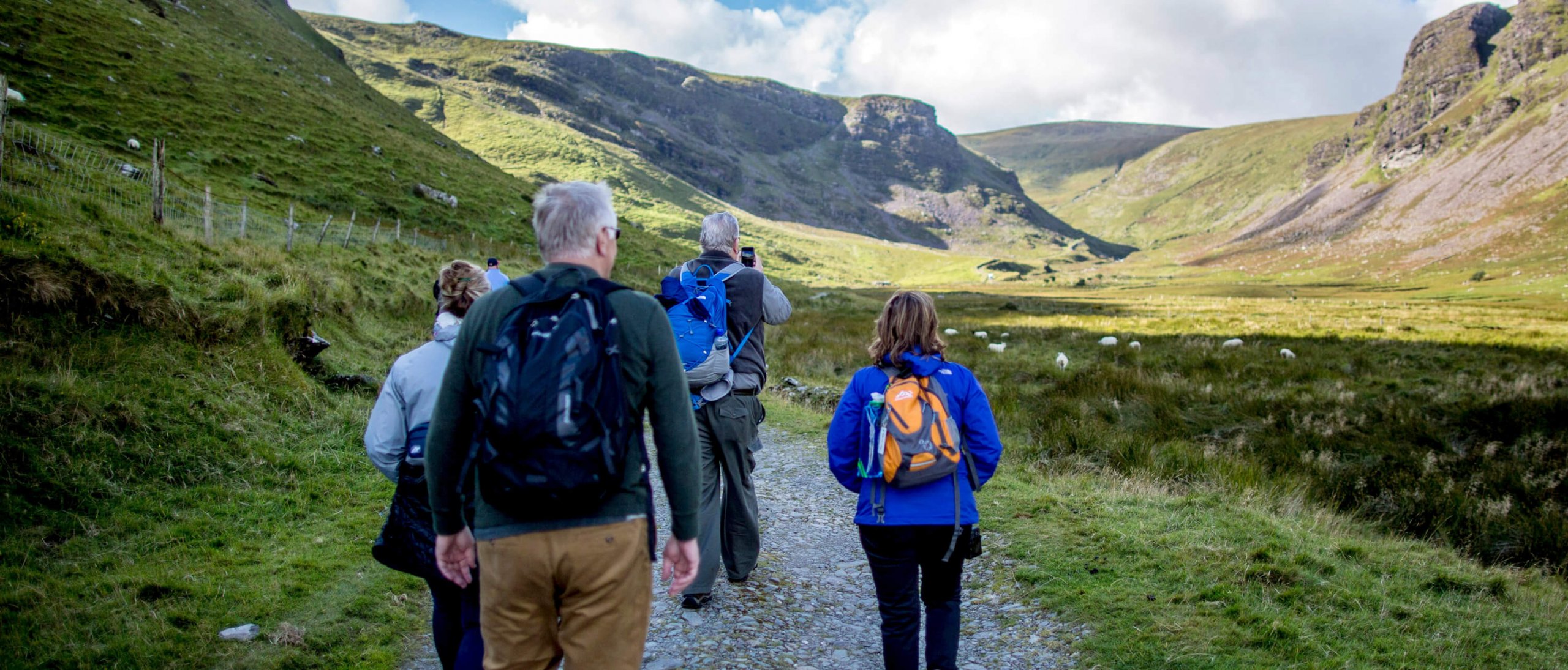 Hiking group enjoying their Ireland tour in a green valley in Kerry
