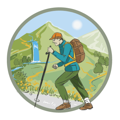 Illustrated hiker with mountain icon