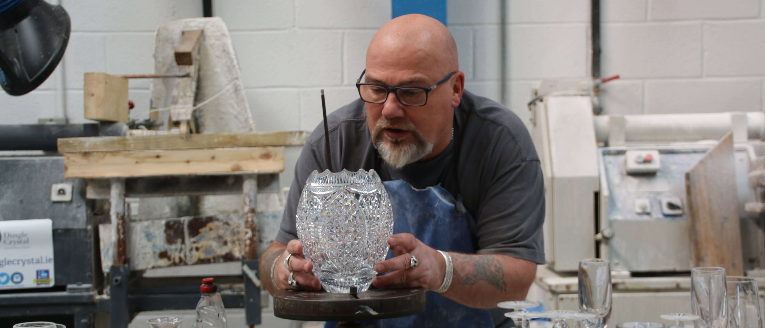 Master crystal craftsman Sean Daly in his studio in Dingle, Ireland