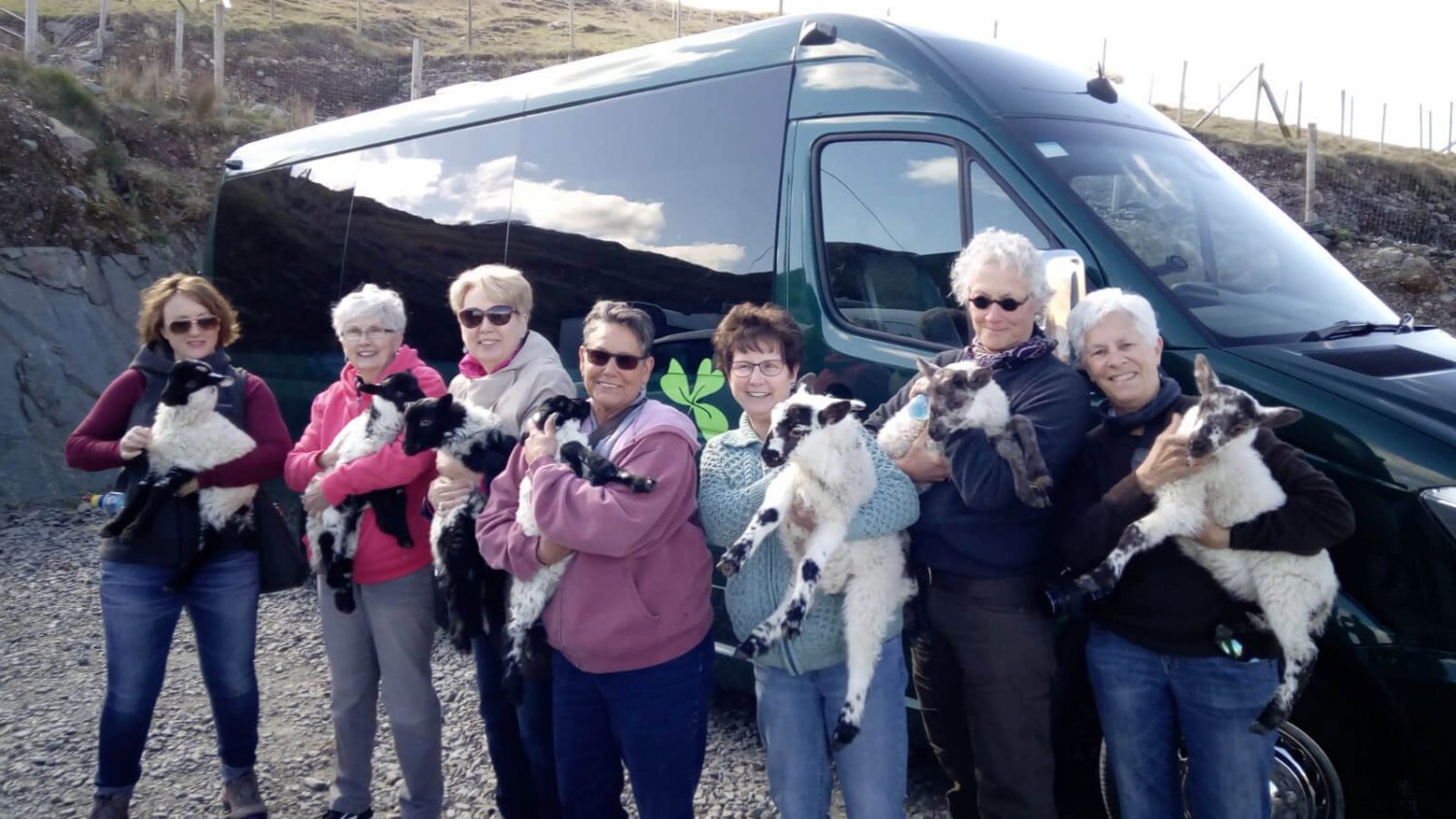 Group of Driftwood tour guests pose holding a baby lamb each